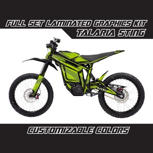 May include: Full set of laminated graphics for a Talaria Sting electric dirt bike. The graphics are black, green and white with a geometric design. The graphics are customizable.