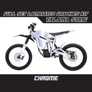 May include: Full set laminated graphics kit for a Talaria Sting electric motorcycle in a chrome finish.