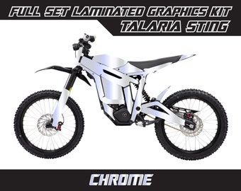 May include: Full set laminated graphics kit for a Talaria Sting electric motorcycle in a chrome finish.