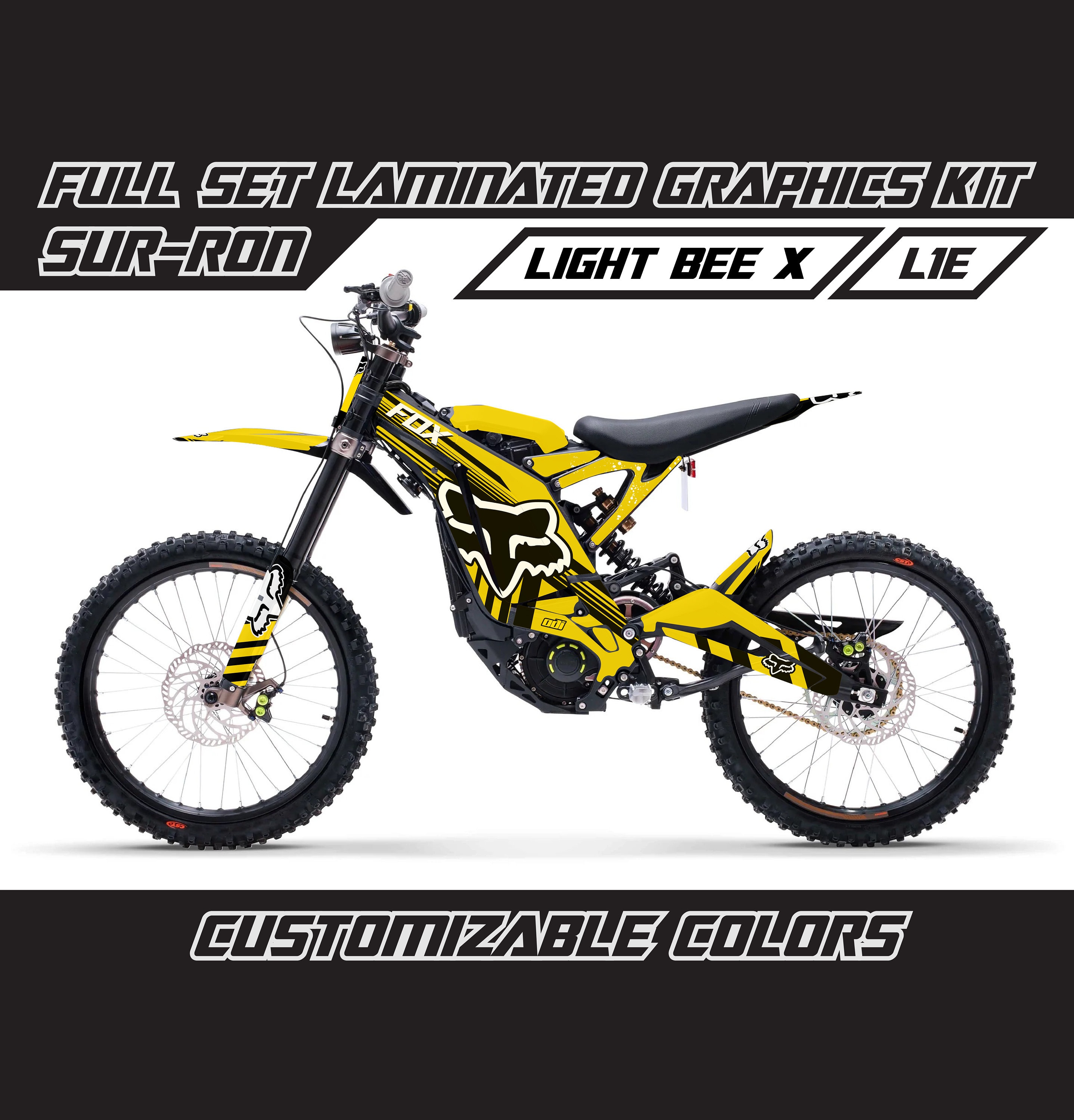 SUR RON Light Bee X Graphics Kit - Yellow White Fox Full Decal Wrap Vinyl Stickers Set Gloss or Matte Surron Lbx Laminated Bubble Free Thick
