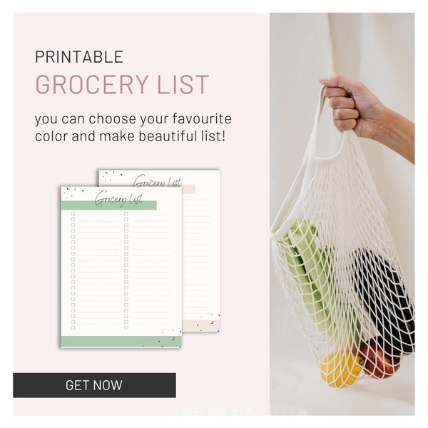 Printable grocery list, colorful planner template, simple design of shopping plans, organize your budget, print at home, easy planning