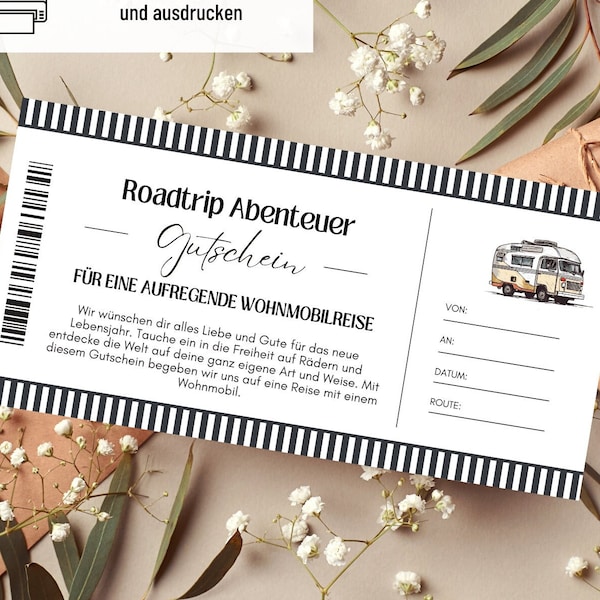 Voucher motorhome trip template | Voucher vacation road trip to print out | Gift idea | Voucher motorhome | gift card