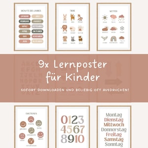 Lernposter Set für Kinder | Lernposter Kinderzimmer zum ausdrucken | 9x Lernposter Kinderzimmer Wanddeko | Kindergarten Lernplakate