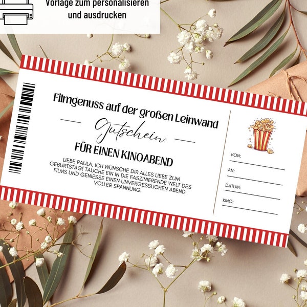 Gutschein Kino Vorlage | Gutschein Kinobesuch zum Ausdrucken | Geschenkidee | Gutschein | Geschenkgutschein Kinoabend | Kinogutschein