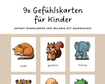 May include: Nine printable cards featuring cartoon animals expressing different emotions. The emotions are: tired, happy, sad, excited, shy, and angry. The text "9x Gefühlskarten für Kinder" is at the top of the image.