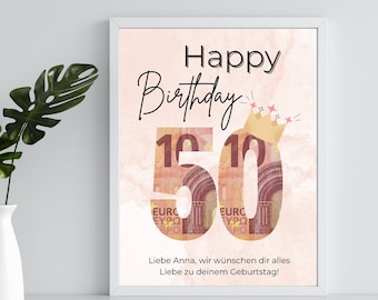 Modèle d'anniversaire imprimable de cadeau d'argent 50e anniversaire | Cadeau d'anniversaire en argent personnalisé avec prénom | cadeau d'anniversaire