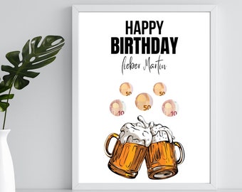 Money gift birthday template to print out | Money gift beer birthday personalized with name | Last minute birthday present