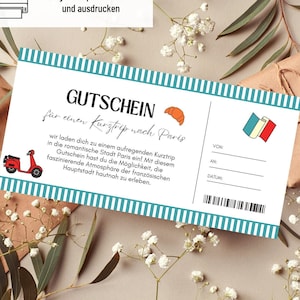 Modèle de coupon de voyage Paris | Coupon France à imprimer | Bon de voyage | Bon Anniversaire | Bon cadeau excursion