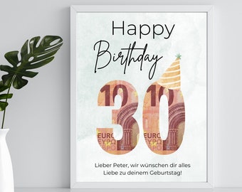 Geldgeschenk 30. Geburtstag Geburtstag Vorlage zum ausdrucken | Geldgeschenk Geburtstag personalisiert mit Namen | Geburtstagsgeschenk