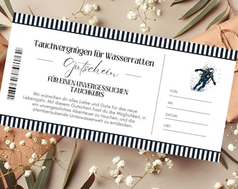 May include: A black and white striped gift certificate for a scuba diving course. The text reads "Tauchvergnügen für Wasserratten Gutschein für einen unvergesslichen Tauchkurs".