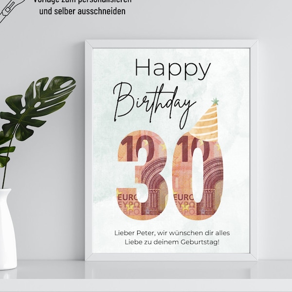 Money gift 30th birthday birthday template to print out | Money gift birthday personalized with name | Birthday present