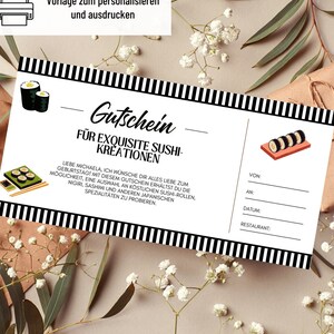 Voucher sushi-voedselsjabloon | Restaurantvoucher om uit te printen | Cadeau-idee | Voucher om uit eten te gaan | cadeaukaart