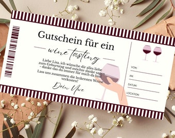 Gutschein Weinprobe Vorlage | Gutschein Wein zum Ausdrucken | Geschenkidee | Gutschein zum gestalten | Wine Tasting Geschenkgutschein