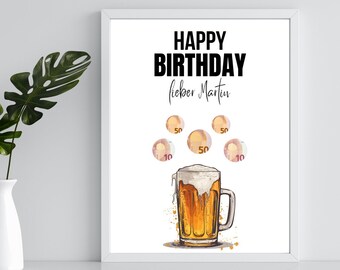 Money gift birthday template to print out | Money gift beer 30th 40th 50th 60th birthday personalized with name | Birthday present
