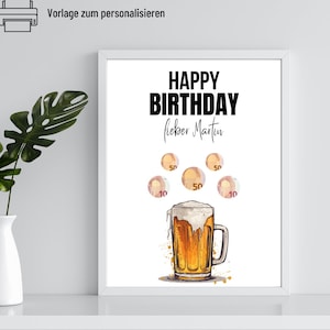 Geldgeschenk Geburtstag Vorlage zum ausdrucken | Geldgeschenk Bier 30. 40. 50. 60 Geburtstag personalisiert mit Namen | Geburtstagsgeschenk