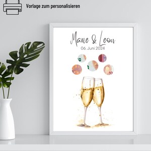 Könnte beinhalten: Ein weißes, bedruckbares Schild mit dem Text "Marie & Leon" und "06. Juni 2024" in Schwarz. Zwei Champagnergläser sind in der Mitte des Schildes abgebildet, mit einem Aquarelleffekt. Der Hintergrund ist weiß mit einem dezenten Aquarelleffekt.