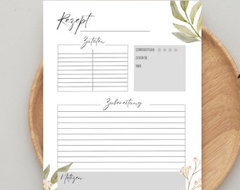 Recipe template A4 to print | Printable Recipe Template Flowers to Fill In | Recipe template German | Recipe card to write yourself