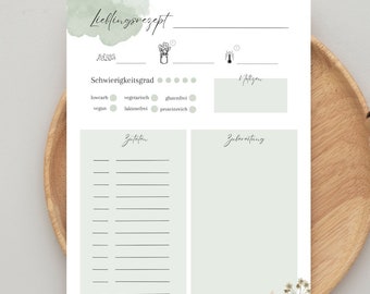 Recipe template A4 to print | Printable Fill-In Recipe Template | Recipe template German | Recipe card to write yourself