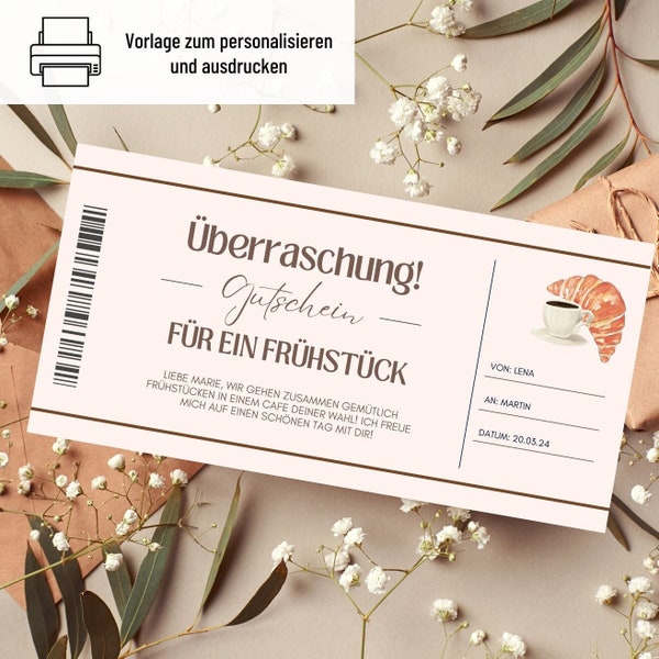 Gutschein Frühstück Vorlage | Gutschein Frühstücken zum Ausdrucken | Geschenkidee Geburtstag | Gutschein zum gestalten | Geschenkgutschein