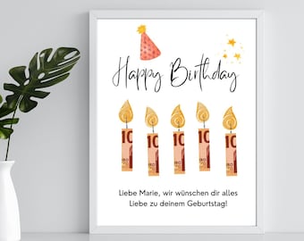 May include: A white card with the words "Happy Birthday" in black script. Five candles are depicted as rolled-up ten euro bills with flames. The text "Liebe Marie, wir wünschen dir alles Liebe zu deinem Geburtstag!" is at the bottom of the card.