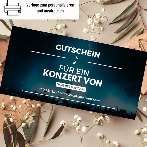 Gutschein Konzert Vorlage | Gutschein Konzertbesuch zum Ausdrucken | Geschenkidee | Gutschein zum gestalten | Musik Geschenkgutschein