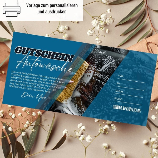 Gutschein Auto Waschen Vorlage | Gutschein Waschanlage zum Ausdrucken | Geschenkidee | Gutschein Autowäsche zum gestalten, Geschenkgutschein