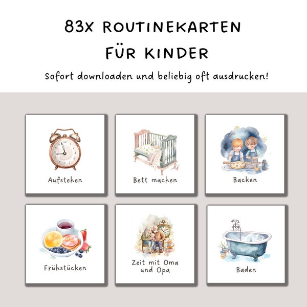 Routinekarten für Kinder | 83x Routine Kartenset zum ausdrucken | Routine Karten für Kleinkinder | Wochenplaner und Aufgabenplan Aquarell