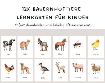 12x animal flashcards for children to print out | Picture cards set farm animals children | Montessori flashcards | Gift for children