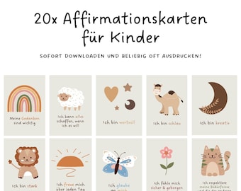 May include: Set of 20 printable affirmation cards for children featuring colourful illustrations of a rainbow, a sheep, a heart, a camel, a moon, a lion, a sun, a butterfly, a flower, and a cat. The cards include positive affirmations such as "My thoughts are important", "I can do anything I set my mind to", "I am valuable", "I am clever", "I am creative", "I am strong", "I am happy", "I believe in myself", "I feel safe and secure", and "I respect myself and others".