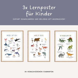 Lernposter Set für Kinder | Lernposter Dinosaurier, Meerestiere und Waldtiere zum ausdrucken | 3x Lernposter Kinderzimmer Wanddeko