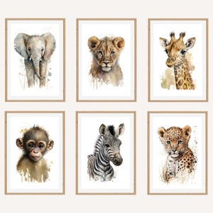 Juego de carteles de animales de safari para niños | 6x carteles infantiles para imprimir | Decoración de pared de habitación infantil | Conjunto de cuadros de pared para habitación de bebé | Regalo niños