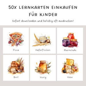 Lernkarten Einkaufen für Kinder | Einkaufskarten Montessori | 50x Lernkarten Set Einkauf Lebensmittel Aquarell | Einkaufsliste Kinder