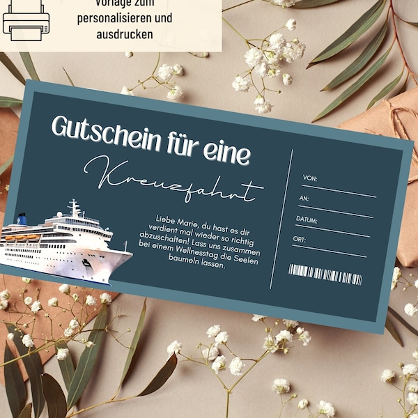 Gutschein Kreuzfahrt Vorlage | Gutschein Reise zum Ausdrucken | Gutschein Ausflug | Geschenkgutschein Urlaub