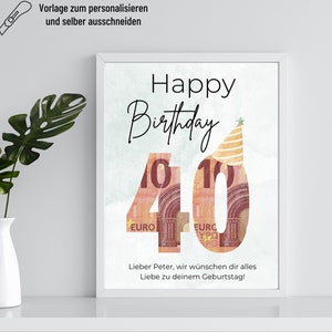 Money Gift Birthday Printable Template | Money gift 40th birthday personalized with name | birthday present