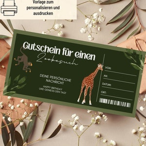 Szablon kuponu na wizytę w zoo | Kupon do zoo do wydrukowania | Wycieczka voucherowa | Bon podarunkowy do zaprojektowania | Prezent urodzinowy