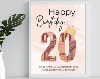 Geldgeschenk 20. Geburtstag Geburtstag Vorlage zum ausdrucken | Geldgeschenk Geburtstag personalisiert mit Namen | Geburtstagsgeschenk