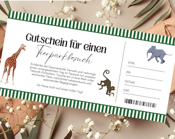May include: A green and white striped printable gift voucher for a zoo visit. The text reads "Gutschein für einen Tierparkbesuch". The voucher features illustrations of a giraffe, monkey, and elephant.