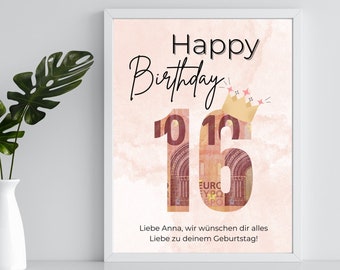 Money Gift 16th Birthday Printable Birthday Template | Money gift birthday personalized with name | birthday present