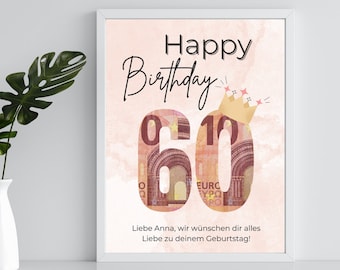 Plantilla de cumpleaños número 60 de regalo de dinero para imprimir | Cumpleaños de regalo de dinero personalizado con nombre | Regalo de cumpleaños
