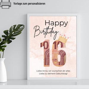 Plantilla de cumpleaños número 16 de regalo de dinero para imprimir | Cumpleaños de regalo de dinero personalizado con nombre | Regalo de cumpleaños