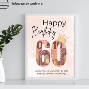 Geldgeschenk 60. Geburtstag Geburtstag Vorlage zum ausdrucken | Geldgeschenk Geburtstag personalisiert mit Namen | Geburtstagsgeschenk