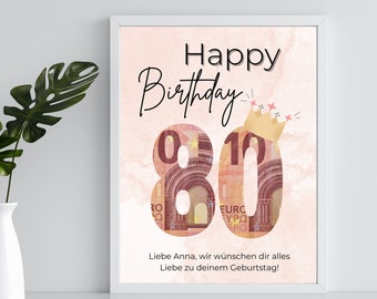 Geldgeschenk 80. Geburtstag Geburtstag Vorlage zum ausdrucken | Geldgeschenk Geburtstag personalisiert mit Namen | Geburtstagsgeschenk