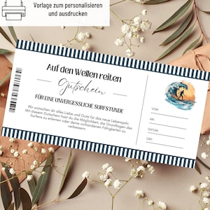 Modèle de surf de coupon | Bon cours de surf à imprimer | idée cadeau | cadeau d'anniversaire | Bon pour une excursion de surf en salle