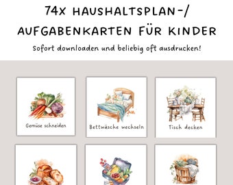 Haushaltsplan für Kinder | 74x Kärtchen Haushaltsplaner Set zum ausdrucken |  Montessori | Aufgabenplan | Haushaltsplaner Kindergarten PDF