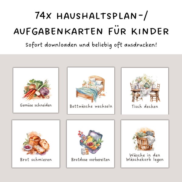 Haushaltsplan für Kinder | 74x Kärtchen Haushaltsplaner Set zum ausdrucken |  Montessori | Aufgabenplan | Haushaltsplaner Kindergarten PDF