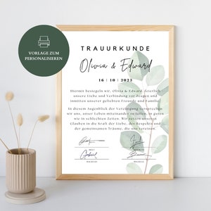 Trauurkunde Vorlage zum ausdrucken | Trauurkunde freie Trauung Deutsch | Personalisierte Hochzeitsurkunde freie Trauung und Standesamt