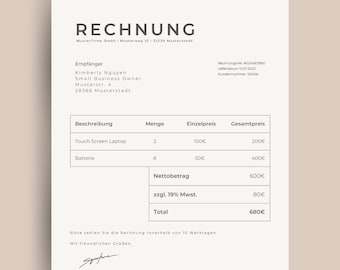 Rechnungsvorlage deutsch | Rechnungsvorlage Canva | Personalisierbare Rechnung zum Drucken | Business Rechnung