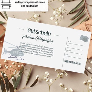 Modelo de voo de helicóptero com voucher | Voucher de viagem para imprimir | Ideia de presente | Voucher de helicóptero para projetar | Cartão Presente