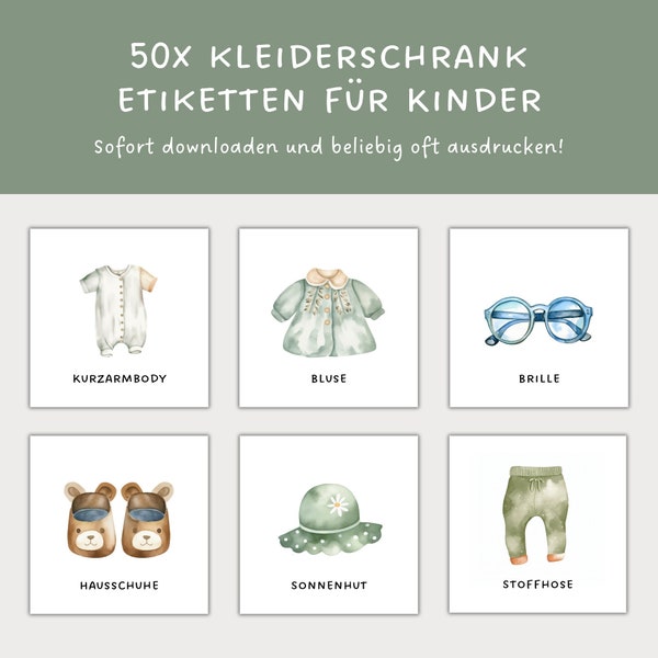 wardrobe labels children | 50x labels to print | Montessori | Stickers Wardrobe | Organization of children's clothing