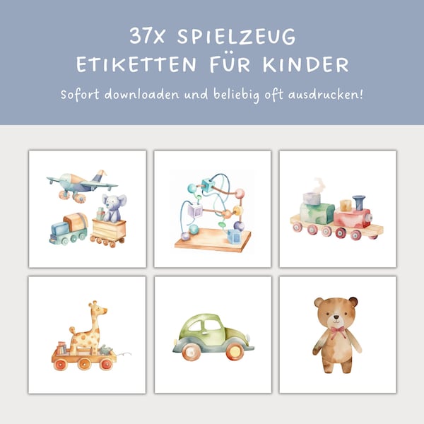 Spielzeug Etiketten für Kinder | 37x Etiketten Spielzeug Aquarell zum ausdrucken | Aufbewahrung Spielzeug Kinderzimmer | Montessori